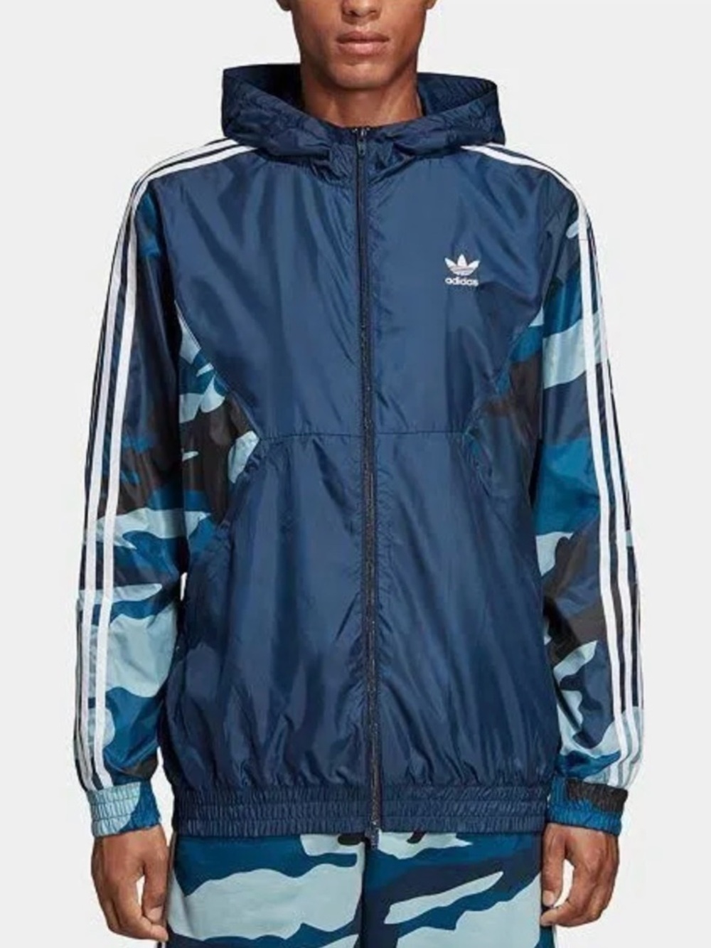 Adidas Originals Windbreaker Jacket Blue Camo Sleeve Full Zip Hooded Men’s XL